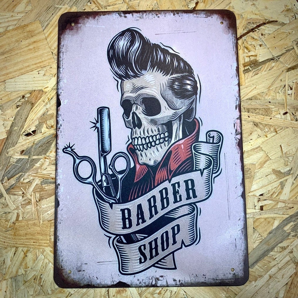 Plaque Métal Sérigraphie Style Rétro Barber Shop 30x20 cm Barbe Enseigne de Barbier Skull Rock N Rol