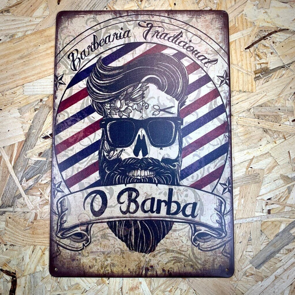 Plaque Métal Sérigraphie Style Rétro Barber Shop 30x20 cm Barbe Enseigne de Barbier Skull Tattoo.