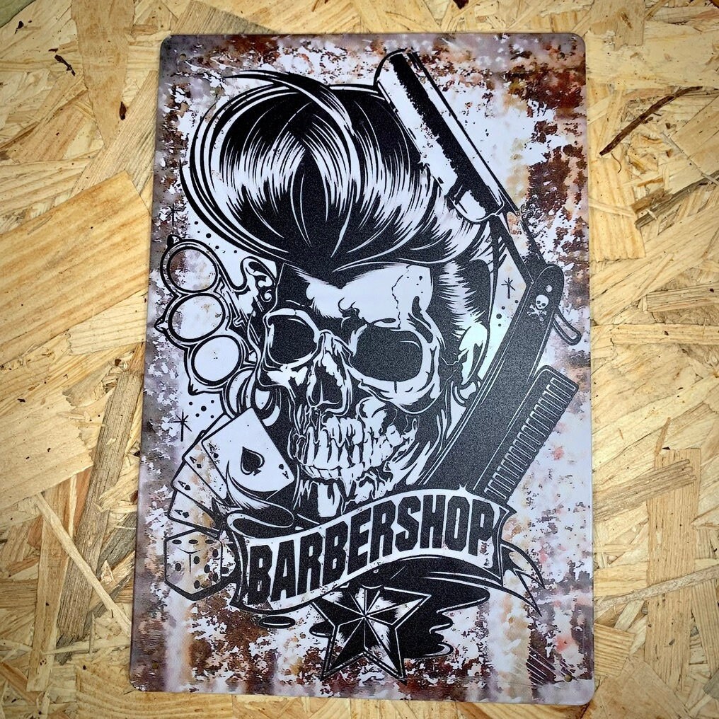 Plaque Métal Sérigraphie Style Rétro Barber Shop 30x20 cm Barbe Enseigne de Barbier Skull.