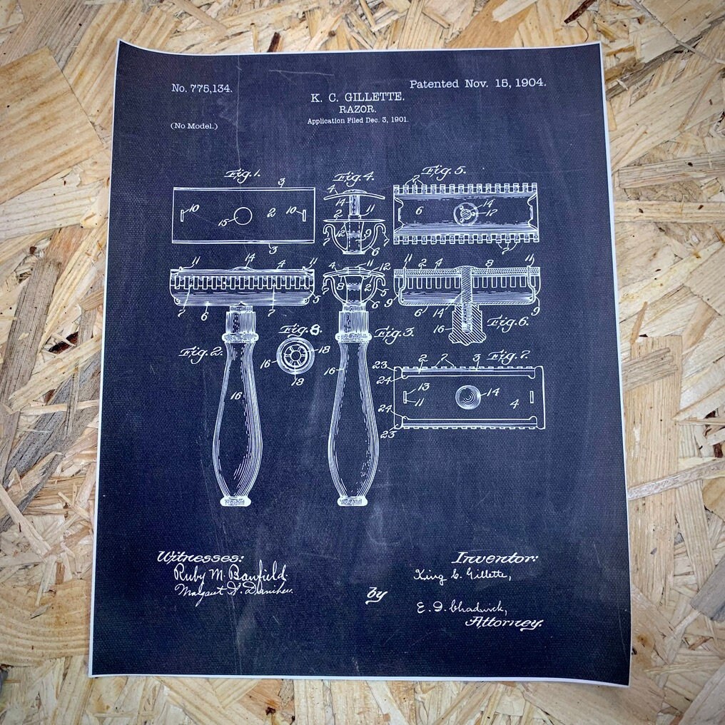 Affiche Imprimée Style Rétro Plan d'un Rasoir Gillette Razor 1904. Toile à Tableau.