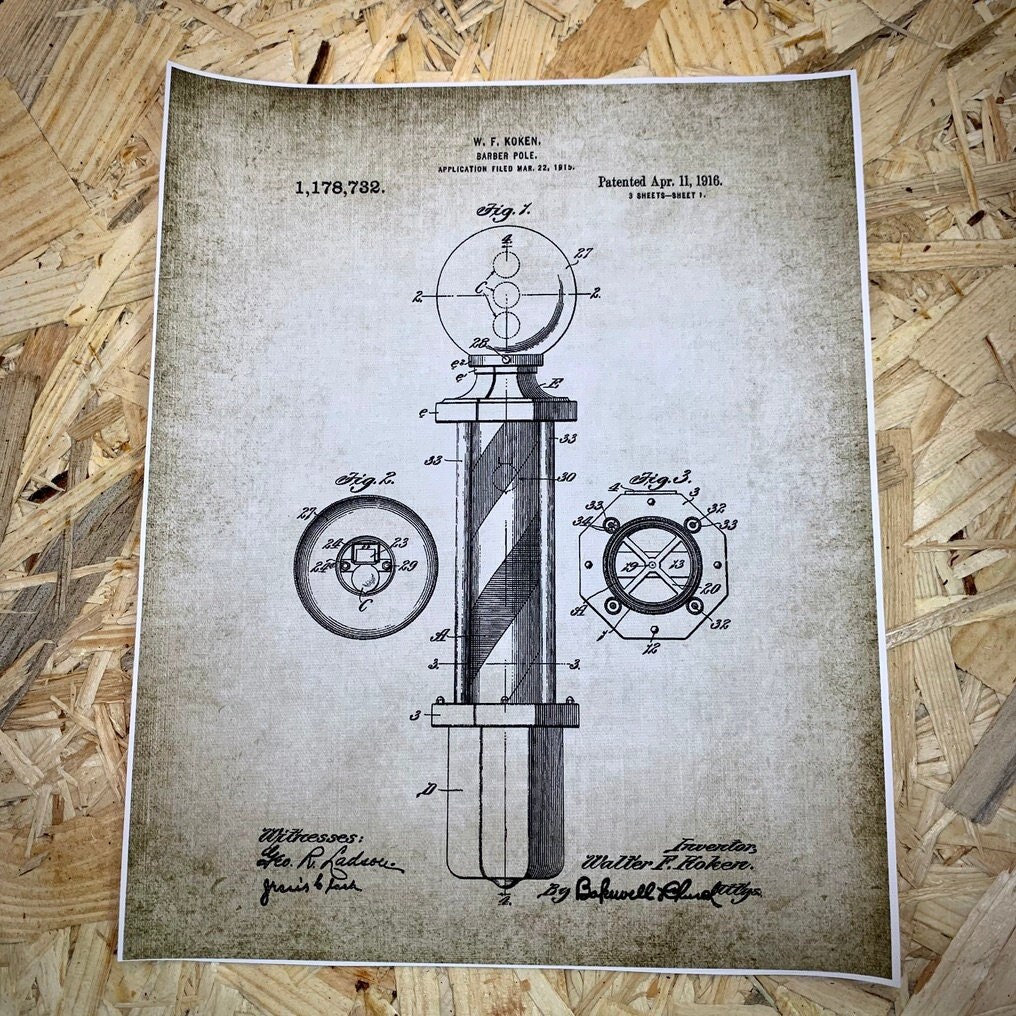 Affiche Imprimée Style Rétro Plan d'une Enseigne de Barbier Barber Shop Pole 1916. Toile à Tableau.