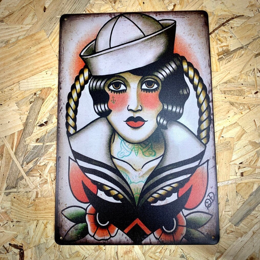 Plaque Métal Sérigraphie Style Rétro Tattoo Shop Pin Up 30x20 cm Marin Enseigne de Tatouage.