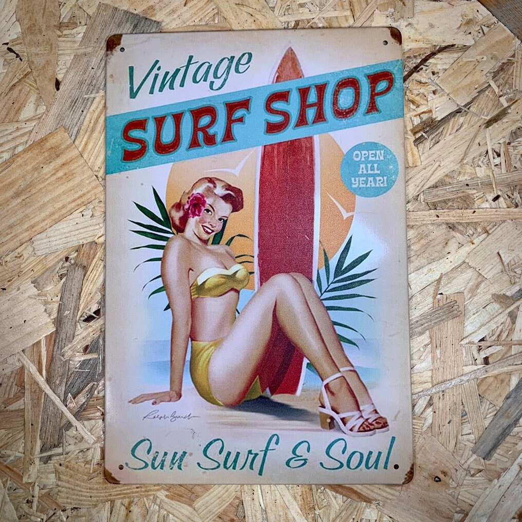 Plaque Métal Sérigraphie Style Rétro Surf Shop 30x20 cm Enseigne Pin Up.