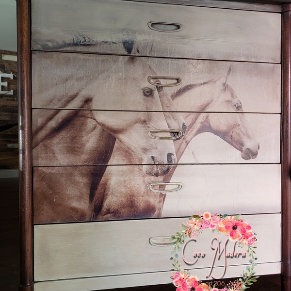 Dresser, Midcentury Chest, Tallboy Chest, Bedroom, Horse, Hand Painted Furniture, Decoupage Furniture