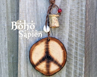 Boho Sapien Tibetan Bell Peace Sign Tree Slice Pine Wood Pyrography