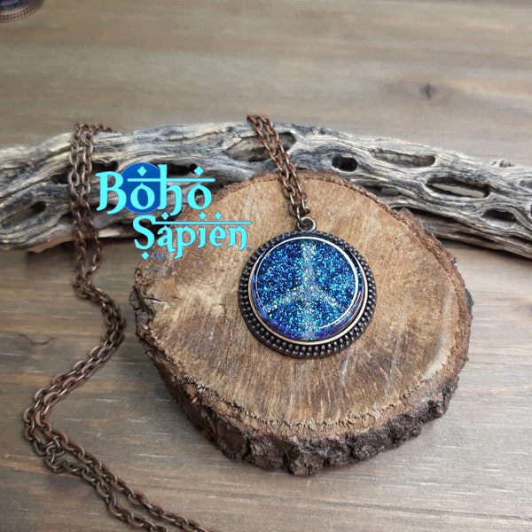 Boho Sapien Peace Sign Galaxy Pendant Hand-painted Glass Antique Copper Setting