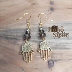 Boho Sapien Hamsa Hand Faceted Smokey Topaz Gemstone Earrings Hand of Fatima