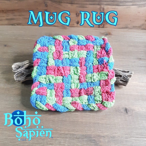 Bright Pink Blue and Green Rag Rug for your Mug Eco-friendly Craft NO Landfills 4.5" x 4.5" Woven on Vintage Looms.
