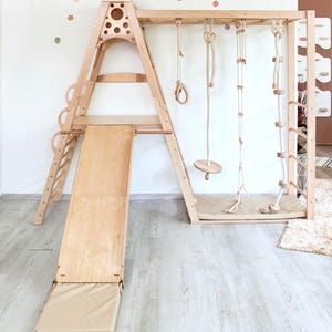 Wood Indoor Climbing Playground for Kids, Montessori Jungle Gym with Slide, Rope Swing, Rings, and Playmat, Active Play for Kids Indoors