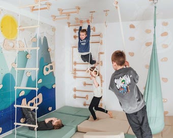 All-in-One Kids Indoor Climbing Structure for Playroom: Rock Climbing Wall, Monkey Bars, Basement Indoor Playground, Playroom Set