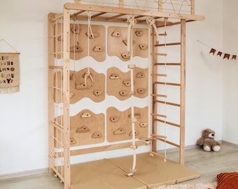Houten klimwandset voor binnen – Zweedse ladder, klimrek, klimpanelen, binnenschommel, Montessori speelset