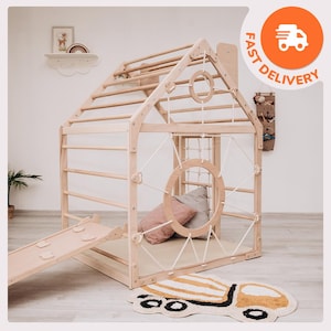 Montessori Climbing Playhouse, Wooden Indoor Climbing Set, Kids Rope Swing, Play Gym, Soft Play Equipment, Toddler Balance Board