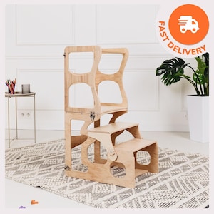 Montessori Step Stool with Back, Wooden Learning Tower, Kids Activity Chair, Child&#39;s Kitchen Assistant Stool, Toddler Standing Stool