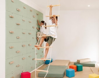 Indoor Rope Ladder for Kids – Ceiling Mounted Climbing Ladder for Playroom, Wooden Climber for Smart Play Space (100 Inch)
