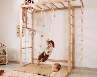 Indoor klimrek voor kinderen, Zweedse ladder, Montessori klimset met touwschommel, ladder, ringen en matten