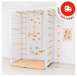Indoor Climbing Wall for Kids – Swedish Ladder, Montessori Climbing Wall, Monkey Bars, Climb Board, Swing, Toddler Gym