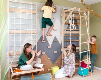 Indoor-Spielcenter für Kinder, Schwedische Kletterwand mit Kletterwand, schwedischer Leiter und Seilzubehör