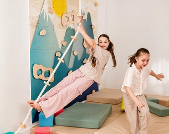 Kids Climbing Rope with Wooden Knots - Ceiling Mounted Indoor Rope Climber for Montessori Playroom Gym (136 Inch)