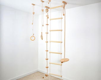 Plafondtouwset, klimtouwset voor binnen, houten ladder, ringen, schommel