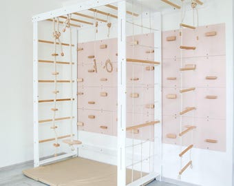 Indoor klimrek met klimwand, Montessori klimwand voor kinderen, houten binnenspeeltuin, Zweedse ladder, klimrek voor kinderen
