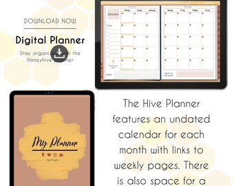 De Hive digitale planner | Niet-gedateerde maand-, week- en dagplanner | Werkblad Doel- en stemmingstracker | Digitaal liggend notitieboek