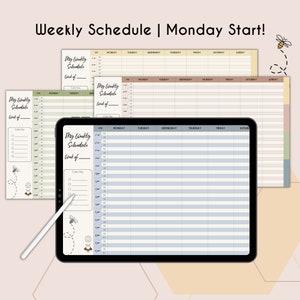 Op de afbeelding: Een digitale wekelijkse planning sjabloon met een maandag start, weergegeven op een tablet en papier. De sjabloon heeft een rasterindeling met tijdsperioden en dagen van de week, met de tekst "My Weekly Schedule" en "Week of". Het ontwerp bevat bijenillustraties.
