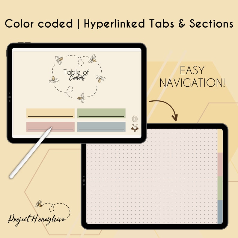 Op de afbeelding: Twee zwarte tablets met een digitale planner-interface. E&eacute;n tablet toont een "Table of Contents" met kleurgecodeerde tabbladen en bijenillustraties. De andere tablet toont een gestippelde pagina met kleurgecodeerde tabbladen. Tekst luidt "Color coded | Hyperlinked Tabs & Sections" en "EASY NAVIGATION!"