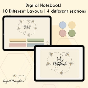 May include: Two digital notebooks with a cream-colored background. The text "Digital Notebook! 10 Different Layouts | 4 different sections" is at the top. One notebook displays "Table of Contents" surrounded by bees. The other says "My Notebook".