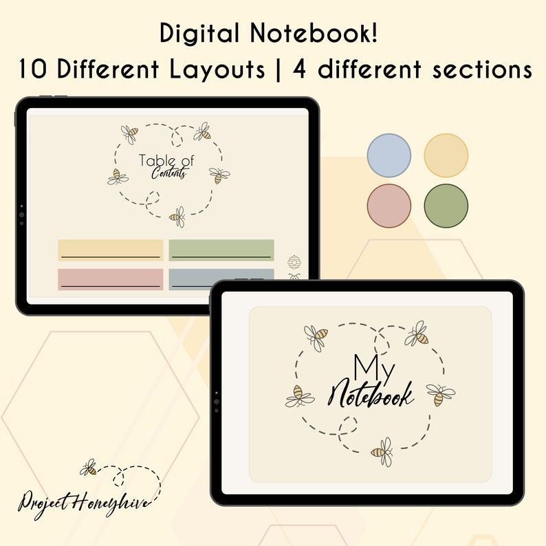 Op de afbeelding: Twee digitale notebooks met een cr&egrave;mekleurige achtergrond. De tekst "Digital Notebook! 10 Different Layouts | 4 different sections" staat bovenaan. E&eacute;n notebook toont "Table of Contents" omringd door bijen. De andere zegt "My Notebook".