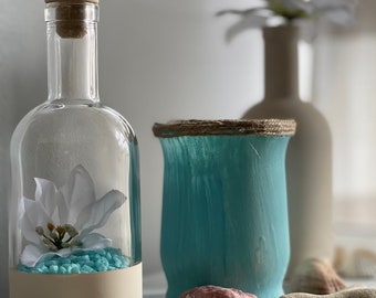 Decorative baby Blue, ocean blue  white Sandy bottles and vase- Seabreeze collection (Relax)