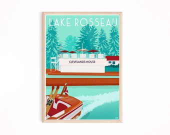 Póster del lago Rosseau, casa de Cleveland, impresión de Muskoka, arte, tapiz