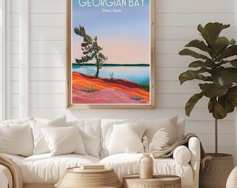 May include: A vintage-style poster with the text "Georgian Bay, Ontario, Canada" in a white box on a blue background. The poster features a painting of a lone pine tree on a red and pink rocky shore with a blue lake in the background.