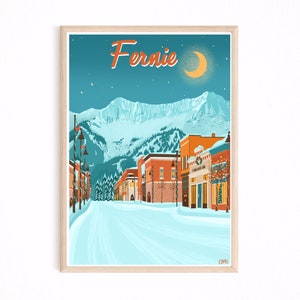 May include: A vintage-style travel poster featuring a snowy mountain scene with a town in the foreground. The poster is titled "Fernie" and features a crescent moon in the sky.