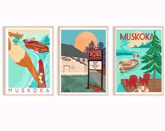 Conjunto de impresiones de Muskoka, arte rural, The Kee, póster de esquí
