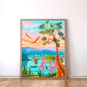 Île de Vancouver, affiche, impression, impression d'art, tenture murale, illustration de la faune côtière et des paysages