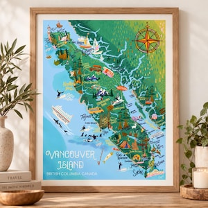 Mappa dell'isola di Vancouver, poster di viaggio, illustrazione disegnata a mano, costa occidentale del Canada, arte della Columbia Britannica