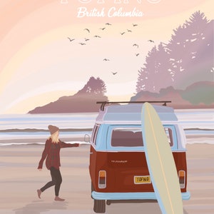 Op de afbeelding: Een vintage Volkswagen busje met een surfboard op het dak, geparkeerd op een zandstrand. Een persoon in een rood-zwart geruit overhemd en een beanie loopt naar het busje. Het busje heeft een kenteken met de tekst "TOFINO".