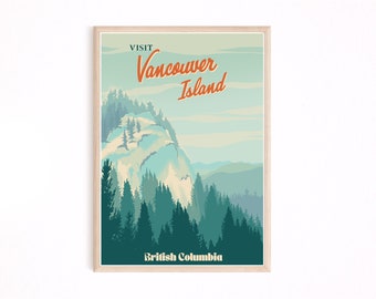 May include: A vintage travel poster with a blue, green, and white color scheme. The poster features a mountain range with a rocky peak and a forest in the foreground. The text on the poster reads "VISIT Vancouver Island British Columbia".