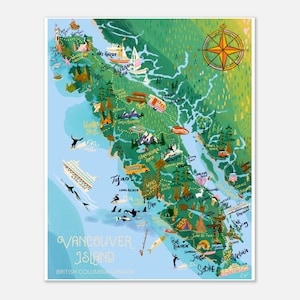 Vancouver Island Map Print, Travel Poster, hand drawn illustration, west coast Canada, British Columbia Art 16 by 20 inches