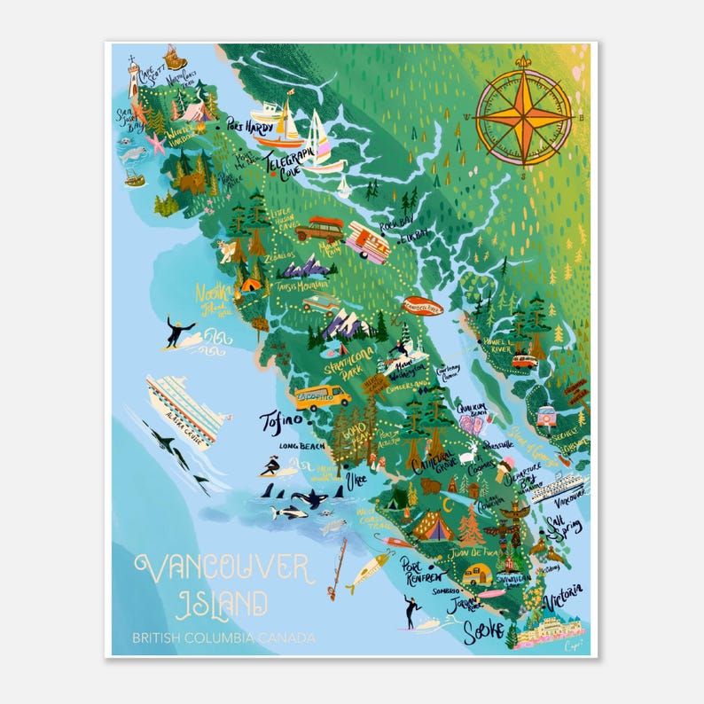 Vancouver Island Map Print, Travel Poster, hand drawn illustration, west coast Canada, British Columbia Art 16 by 20 inches