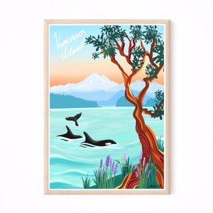 May include: A framed illustration of a scenic landscape with a mountain range in the background, a large tree in the foreground, and three orcas swimming in the water. The text "Vancouver Island" is written in white cursive at the top of the image.