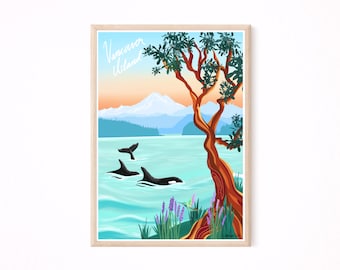 Vancouver Island Orca Print, Hand-Drawn Travel Poster