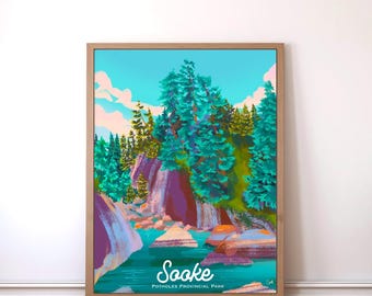 May include: A framed art print featuring a vibrant landscape scene. The artwork depicts a turquoise river and waterfall surrounded by lush green and teal trees, with purple rock formations. The text "Sooke Potholes Provincial Park" is displayed in white.