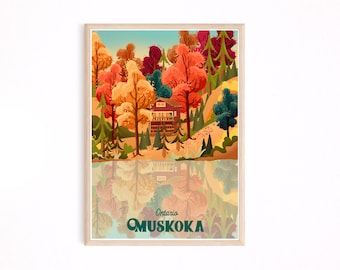 May include: A framed art print showcasing an Ontario, Canada landscape. The image presents a cabin surrounded by autumnal trees, reflected in the water. The text "Ontario Muskoka" is displayed in green, evoking a sense of place.