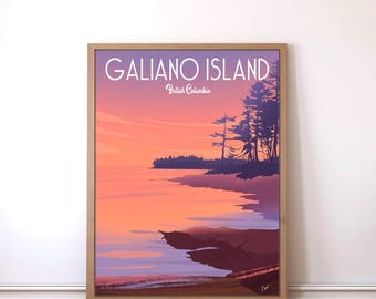 ガリアーノ島の夕日のアートプリント、手描きの旅行ポスター