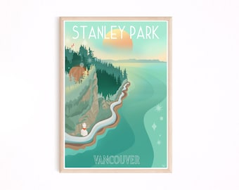 Stanley Park poster, Vancouver print, art print, wall hanging, vintage poster, sea wall, west coast, British Columbia