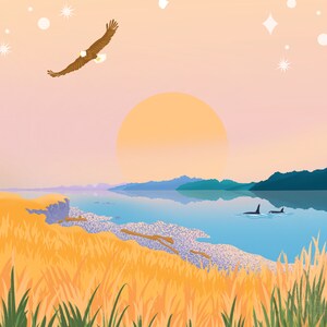 May include: A digital illustration of a sunset over a body of water with a rocky shore in the foreground. The sky is a gradient of pink and orange, and the sun is a bright orange circle. There are two orcas swimming in the water, and a bald eagle flying in the sky. The text "Hornby Island" is written in white letters at the top of the image.