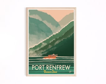 May include: A vintage-style travel poster featuring a scenic view of a forested mountain range with a small boat on a body of water. The text "PORT RENFREW Vancouver Island" is at the bottom of the poster.