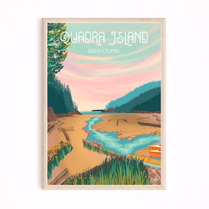 Affiche de l'île Quadra, art, dessin, impression, impression d'art, Colombie-Britannique, suspension murale, cadeau, île de Vancouver, les îles Gulf, baie ouverte