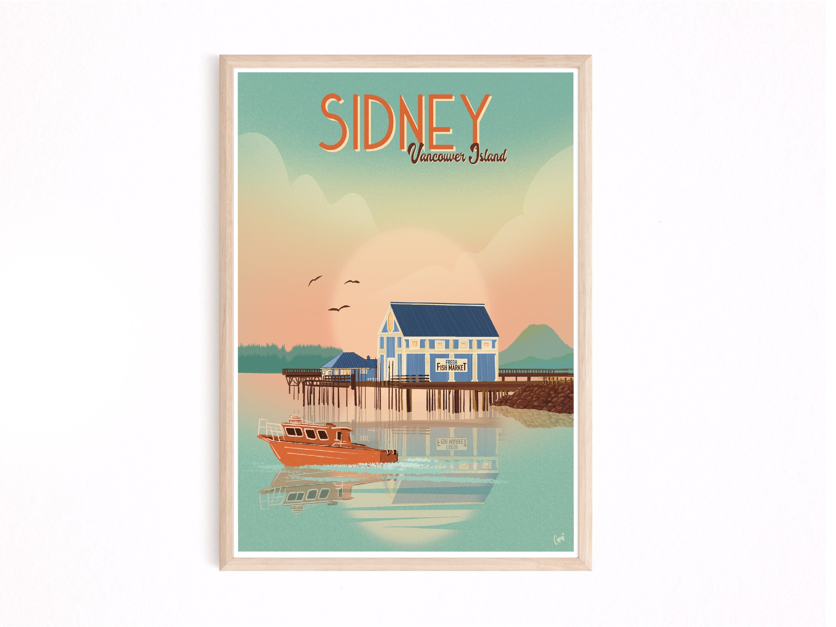 Sidney art, Vancouver Island, British Columbia, wall art, wall hanging, poster design, fish market, home decor, vintage poster, retro art